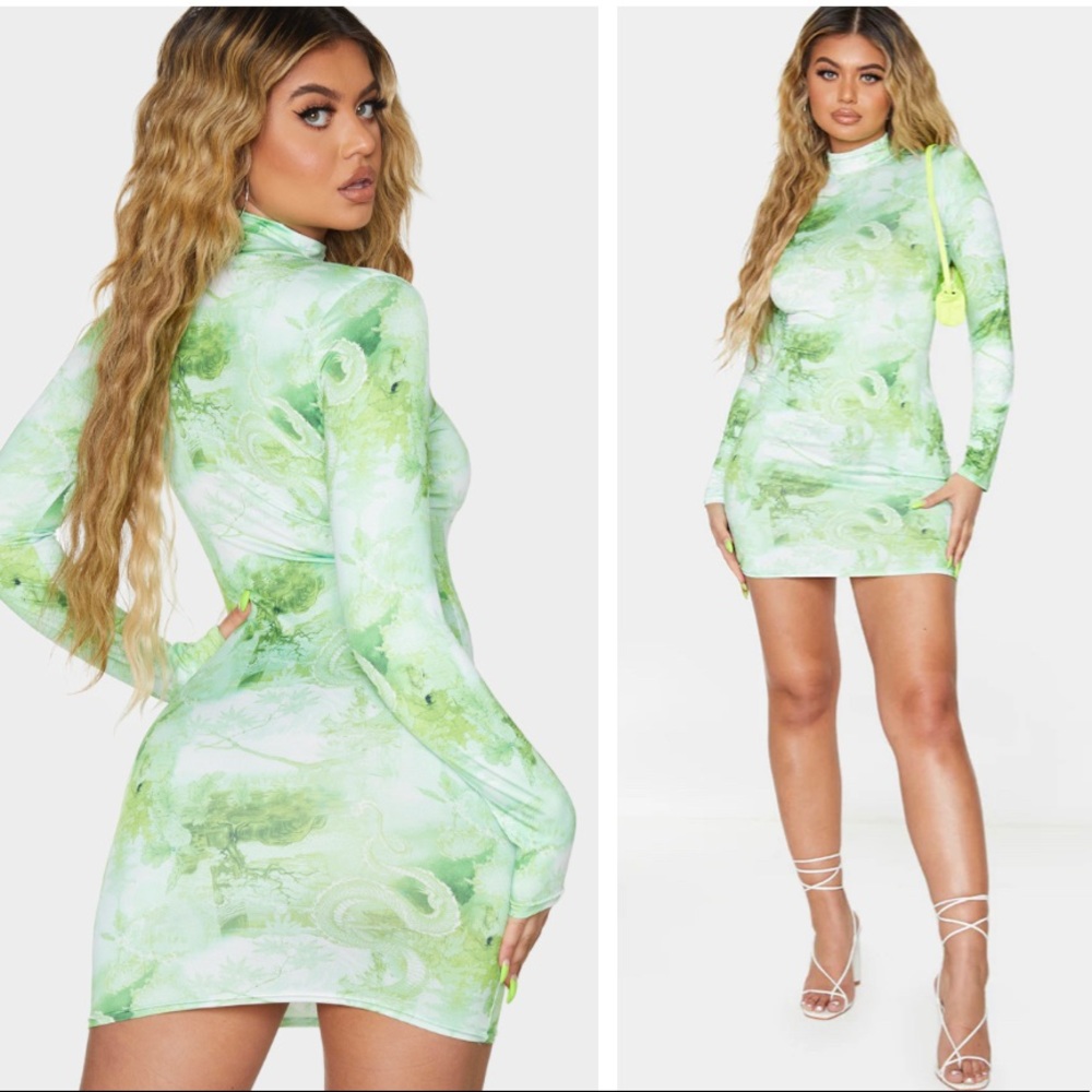 Lime Oriental Print Slinky High Neck Long Sleeve